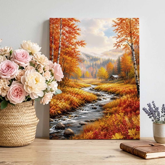 Canvas Wall Art, Fall Forest Framed Canvas Prints for Bedroom Living Room, Autumn Watercolor Orange Maple Leaves Trees Gallery Wrapped Wall Decor for Home Office, Gifts, 12"x18" Ship Next Day