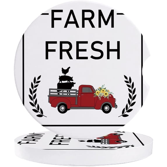 KXMDXA Farm Fresh Red Truck and Pig Cow Chicken Set of 6 Car Coaster for Drinks, Absorbent Ceramic Stone Coasters Cup Mat with Cork Base for Home Kitchen Room Coffee Table Bar Decor