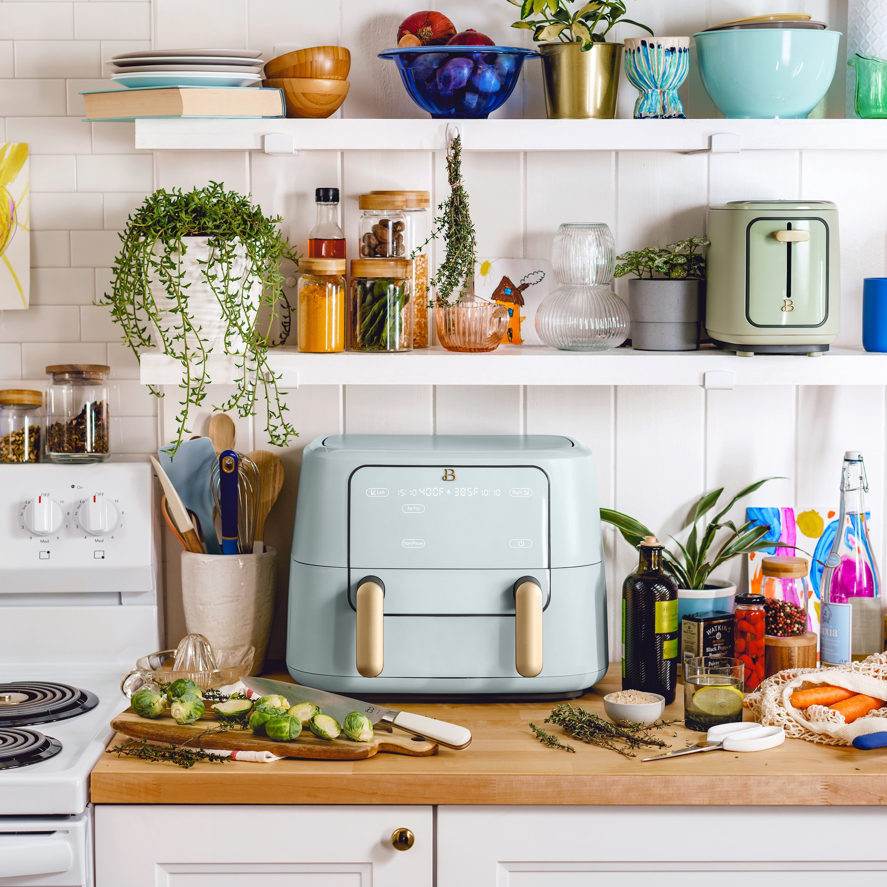 Beautiful 9 Qt TriZone Dual Basket Air Fryer, EverGood™ Ceramic Nonstick Coating, Hydrangea by Drew Barrymore