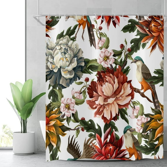 Boho Floral Shower Curtain Colorful Bohemian Flower Botanical Leaves Bathroom Curtain with Hooks White Floral Bath Curtains Waterproof Polyester Fabric Washable 72Wx84L