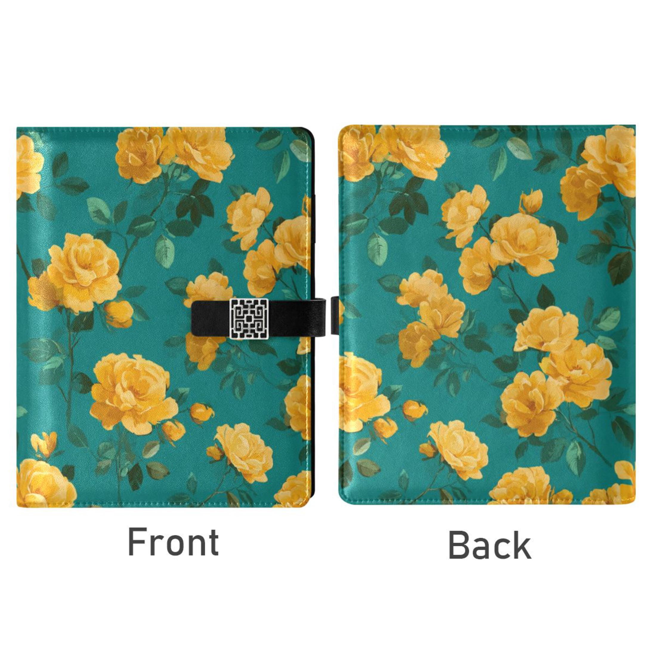 Leather Notebook with Pen Holder Writing Notepad Includes 100 Pages Lined Journal Vintage Yellow Rose Pattern