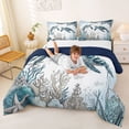 thumbnail image 3 of jejeloiu Watercolor Sea Turtle Full Size Comforter Sets,Ocean Coral Starfish Bedding Comforter Set For Boys,Light Blue,Navy Blue Reversible,3pcs,1 Comforter and 2 Pillowcases, 3 of 7
