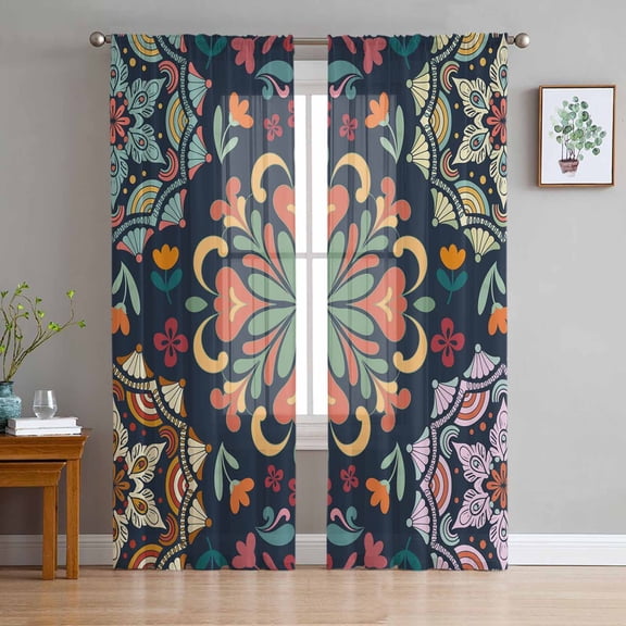 ERUNPONLY Vintage Flower Sheer Curtains 96 Inch Length 2 Panels Set, Boho Abstract Colorful Ethnic Floral Voile Window Treatment Sheer Long Curtains Drapes for Bedroom/Living Room/Kitchen 52"x96"x2