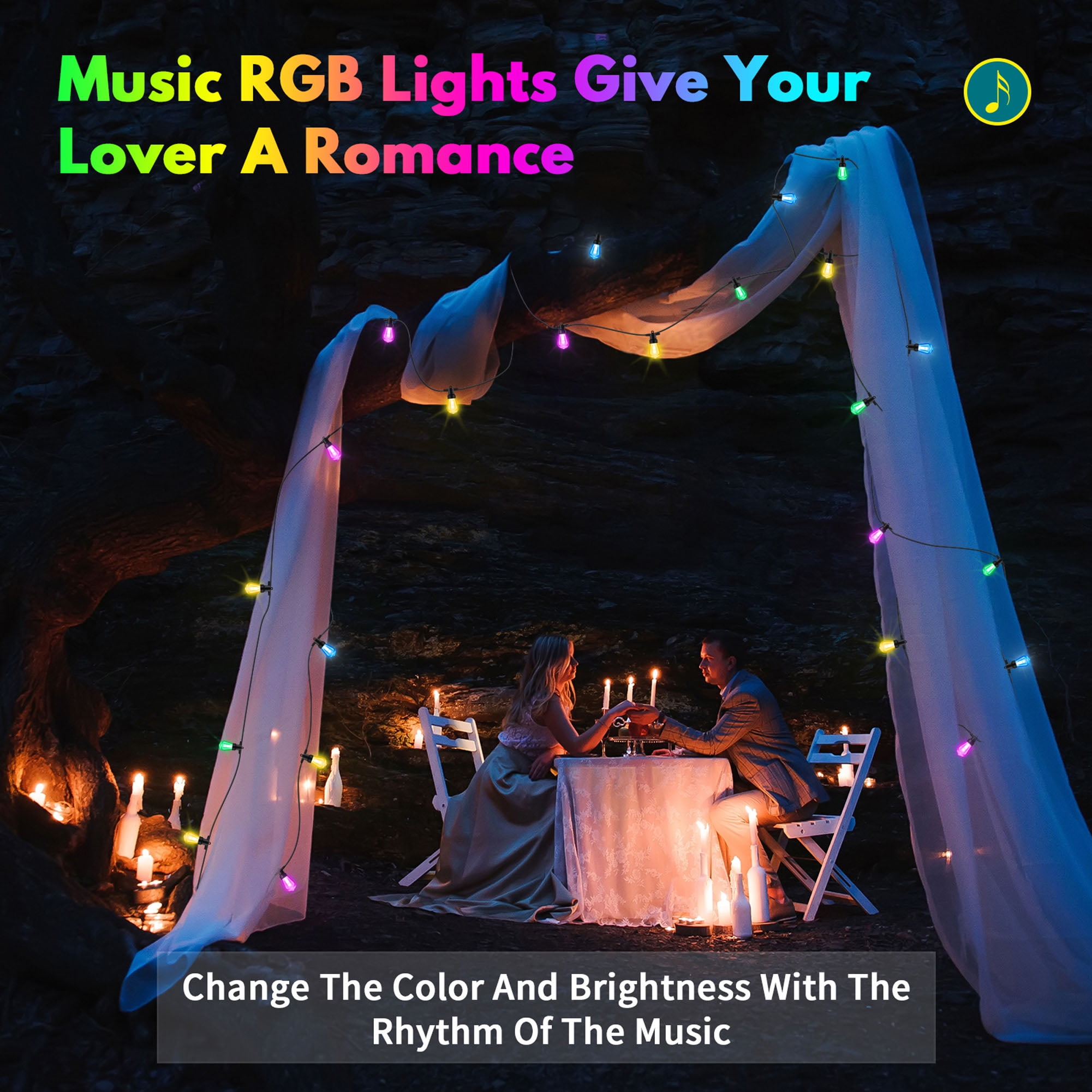 50ft Outdoor String Lights, RGB & Warm White Patio Lights with 20 Bulbs, Color Changing, App & Remote Control, Waterproof, Connectable, Backyard & Christmas Decor