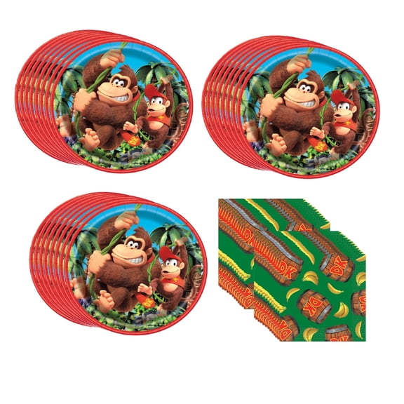 Donkey Kong Birthday Party Supplies Bundle includes 24 Lunch Paper Plates 9", 32 Napkins