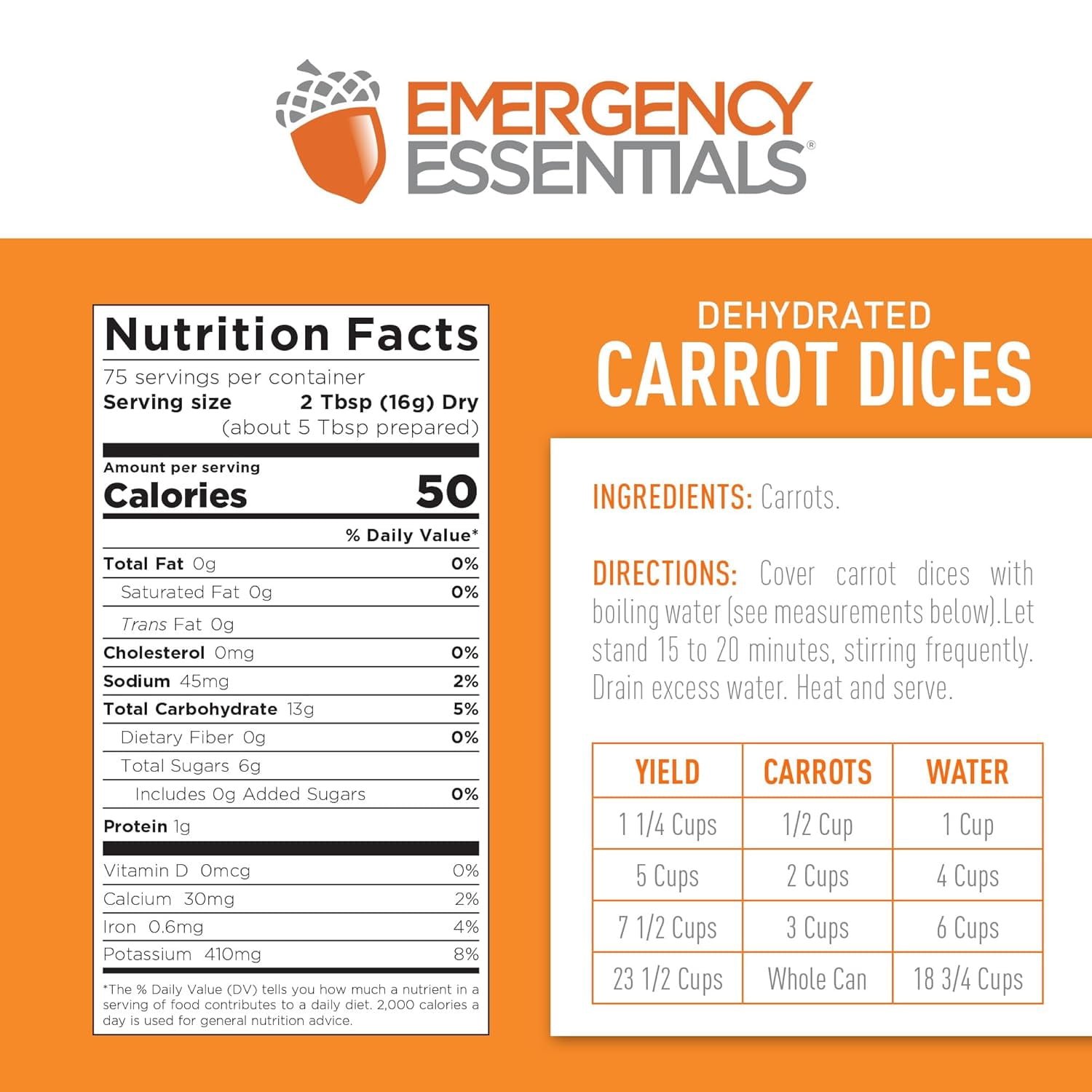 Emergency Essentials Dehydrated Carrot Dices, Bulk #10 Can, 75 Servings, 3,750 Calories, Up to 25-Year Shelf Life, Emergency Food Storage