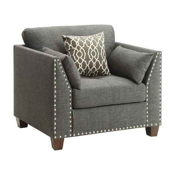 Transitional Style Wood and Linen Chair with 3 Pillows in Gray
