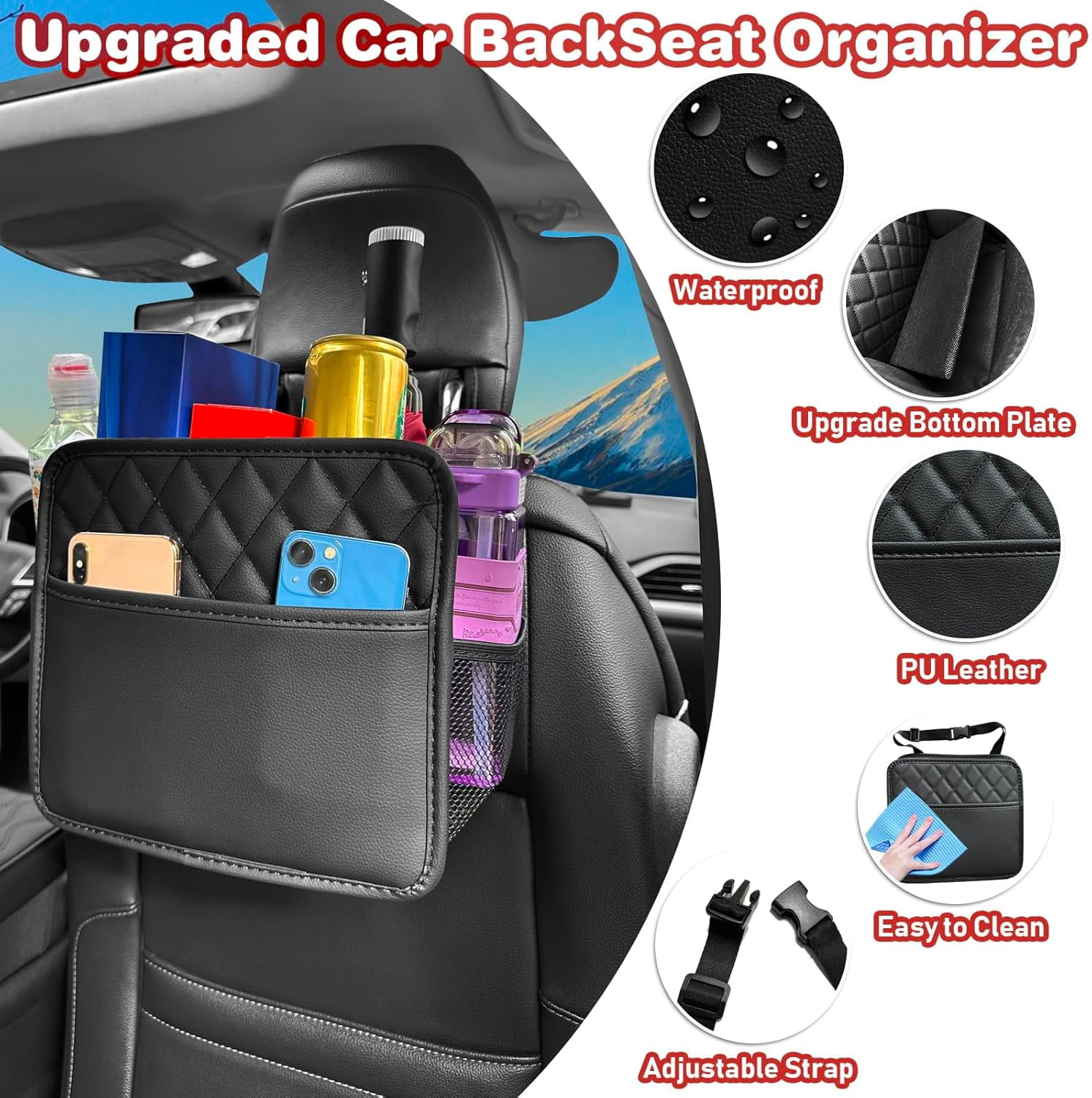 Witaxima 2 Pack Car Trash Bag Hanging, 2.14 Gal Car Trash Can with Storage Pockets, PU Leather Backseat Organizer for Cars, SUVs, Trucks, Black