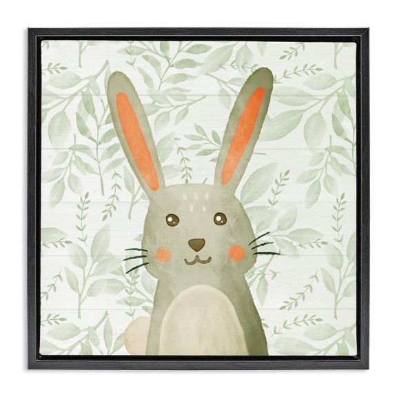 Stupell Industries Farmhouse Whimsical Bunny on Florals Black Floating Frame Canvas Art, 18 x 18, by Kim Allen