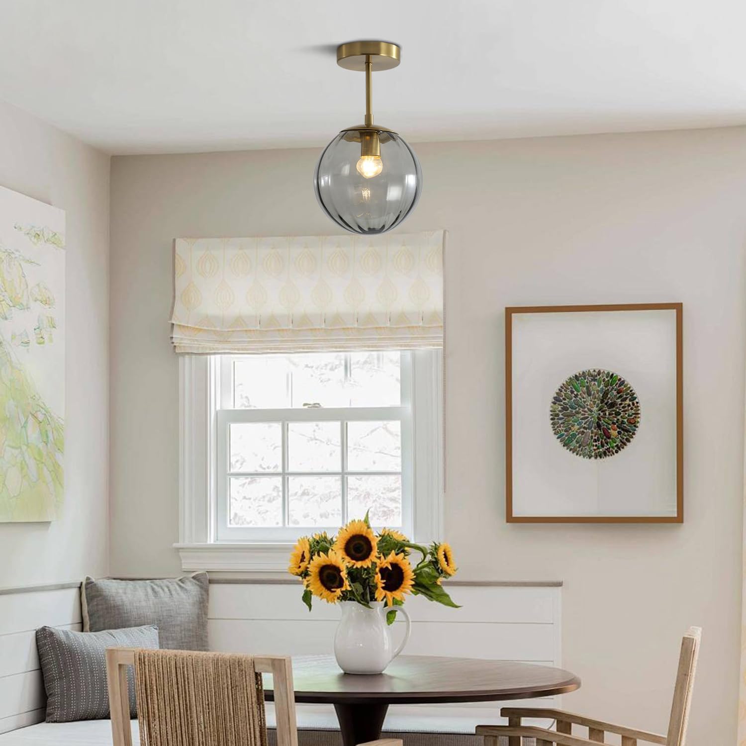 KCO Lighting Gold Globe Flush Mount Ceiling Light 1-Light Vintage Smoke Gray Glass Ceiling Light Mid Century Small Hallway Ceiling Light Fixtures