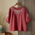 thumbnail image 2 of larppty Linen Shirts for Women Button V Neck Crewneck 3/4 Sleeve Loose Floral Solid Color Spring Casual Summer Tops（Red， XXL）, 2 of 9
