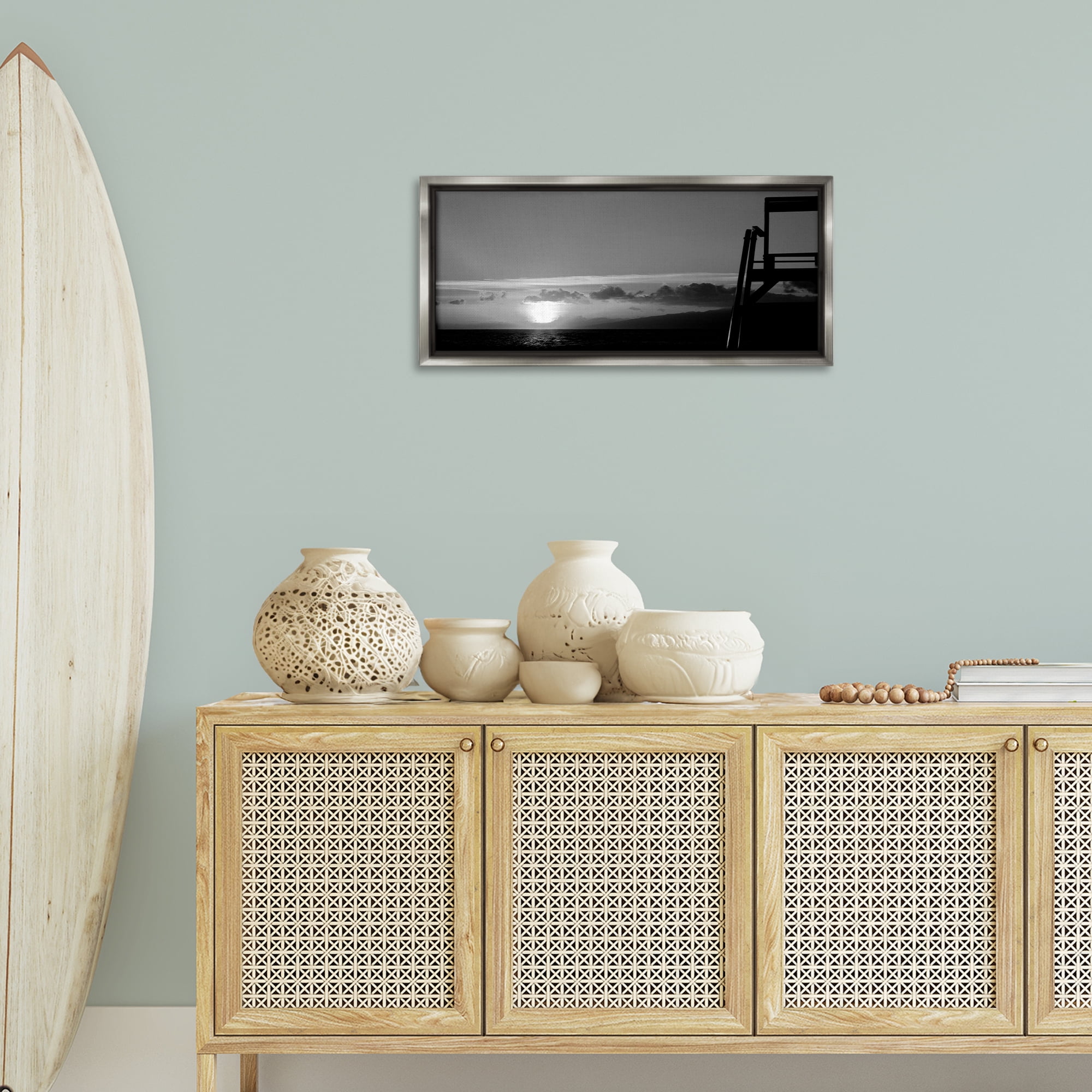Stupell Industries Sunlit Lifeguard Station Landscape & Nature Photography Gray Floater Framed Canvas Art Print Wall Art, 31 x 14