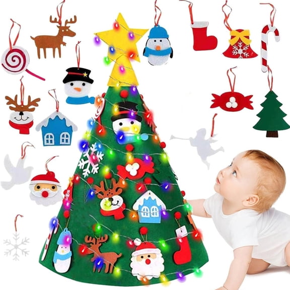 Felt Christmas Tree for Kids 3D,Felt Christmas Tree for Toddlers,Toddler Felt Christmas Tree,Felt Christmas Tree Ornaments,Felt Christmas Tree for Kids Wall with Lights (Green)