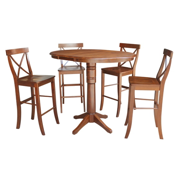 36" Round Extension Dining Table 40.9"H With 4 X-Back Bar height Stools