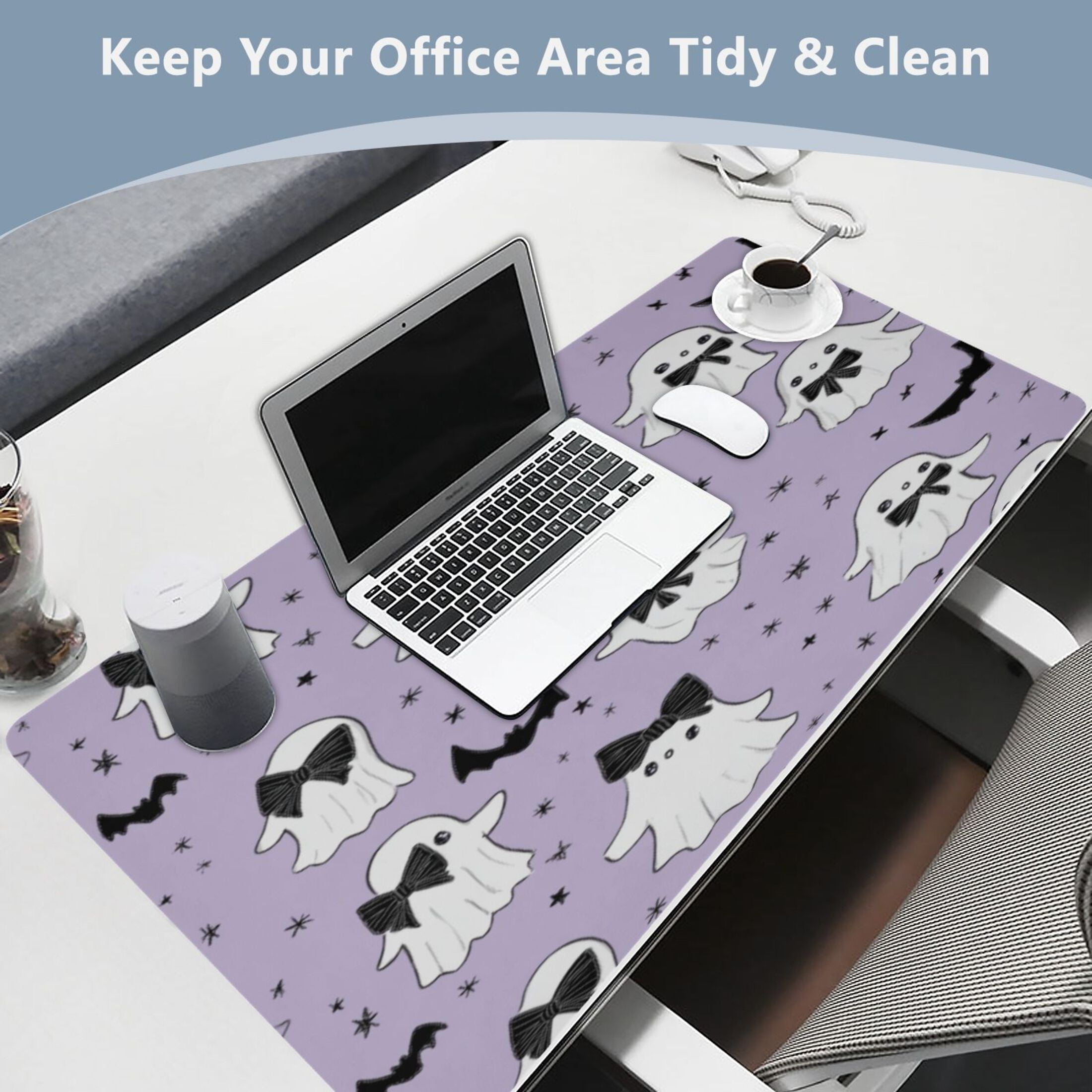 Leather Keyboard and Mouse Desk Mat Office Desk Accessories Protective Office Desk Decor Desk Pad Mat for Gaming, Work from Home, Office Ghost with A Bow Tie 23.6" x 47.2"