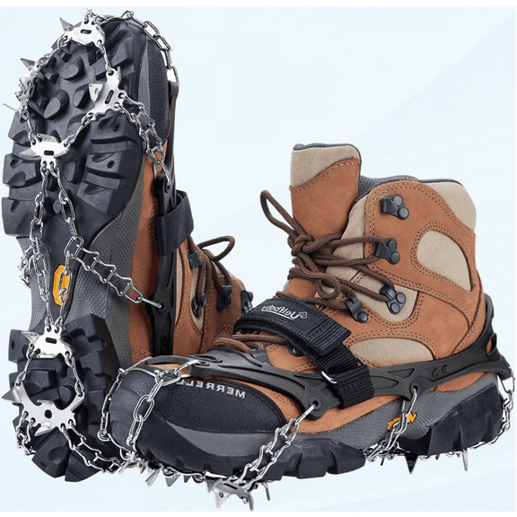 Crampons for Hiking Boots,Traction Cleats Ice Snow Grips with 19 Stainless Steel Spikes for Hiking Fishing Walking Climbing Mountaineering, Black, Large