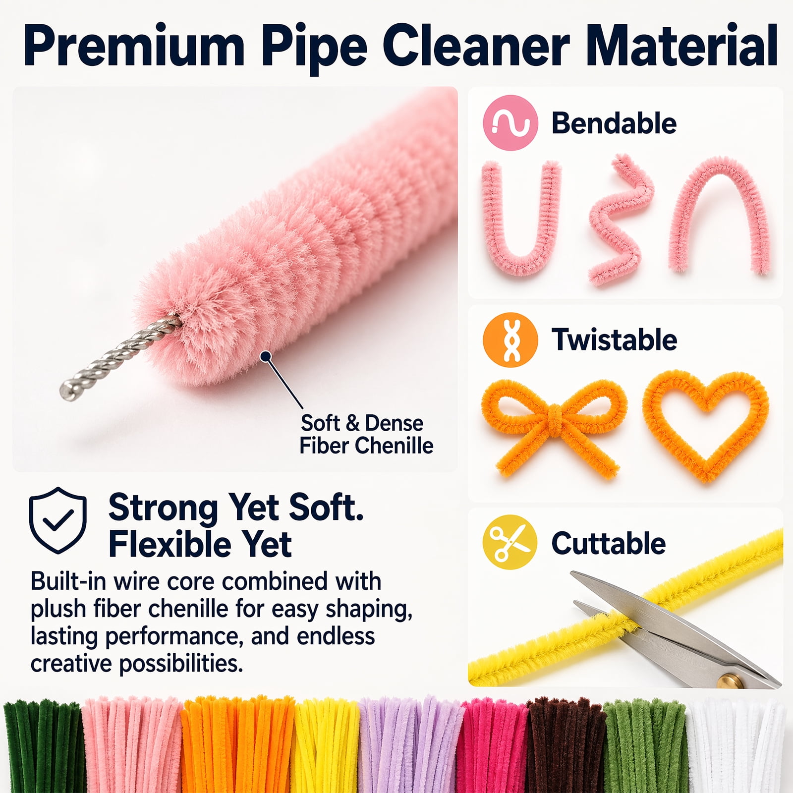 900Pcs Pipe Cleaners Craft Pipe Cleaners Flowers Kit 9 Color Chenille Stem with 40 Stem Glue Stick Floral Tape Stamen Ribbon Wrapping Paper Handmade Bouquet for Arts DIY Craft Supplies