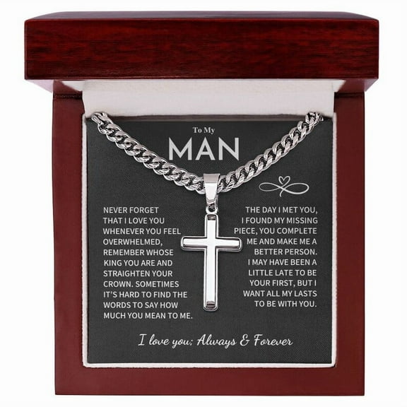 To My Man Cuban Chain with Artisan Cross Necklace, Anniversary Gift For Husband, Romantic Birthday Gift for Boyfriend, Cross Necklace for Men