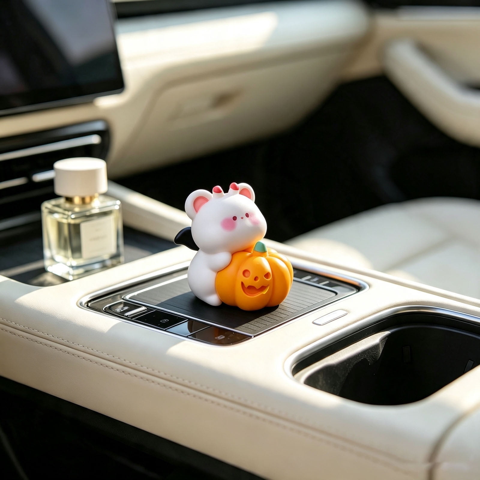 Cute Halloween Statue Ghost White Bear Mini Figurines with Pumpkin Miniature Desktop Ornament for DIY Terrarium Fairy Garden Car Center Console Decor Holiday Tabletop