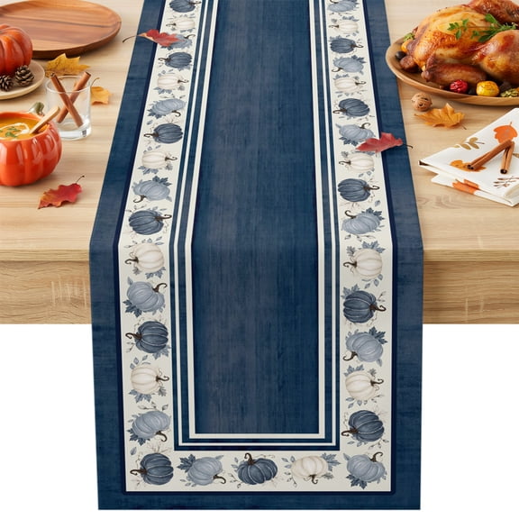 Fall Pumpkin Table Runner, Country Vintage Farmhouse Pumpkin Navy Blue Checkered Decorative Table Runner for Kitchen, Dining‑Room, Banquet and Holiday Party, 13x72 Inch