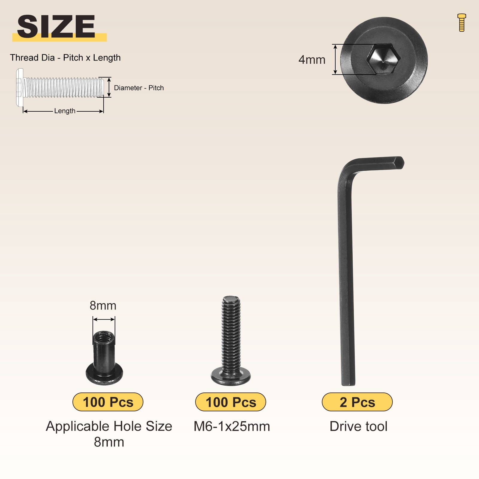 Furniture Connector Bolt Cap Nut Kit with Wrench(M6-1x25mm) 200Pcs, Connector Bolts M6 Countersunk Screw Barrel Nuts Binding Screws, for Chair Cabinet Bed, Black