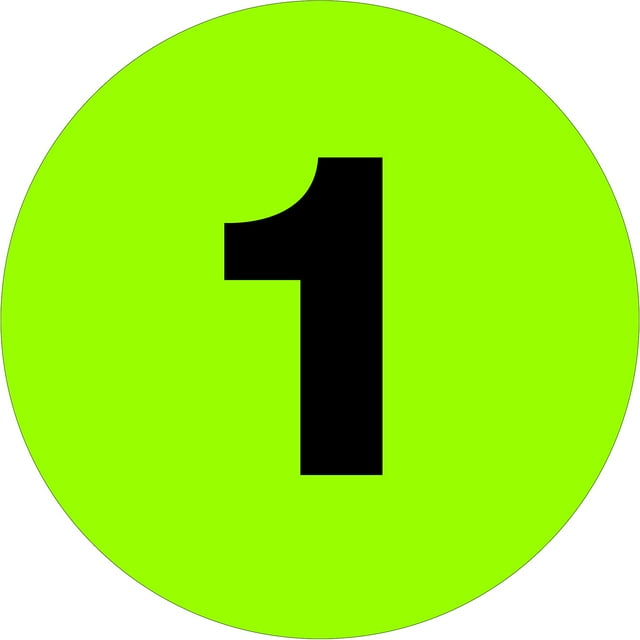 Tape Logic TLDL6751 Number Labels "1", 1", Circle, Fluorescent Green, 1 Roll of 500 Labels