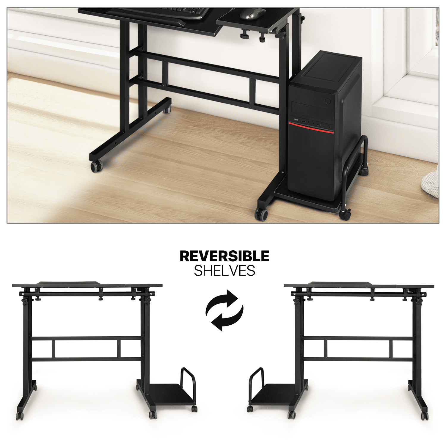 MoNiBloom Mobile Complete Computer Workstation Desk, Rolling Laptop Table with Monitor Shelf & Host Rack for Home Office, Black