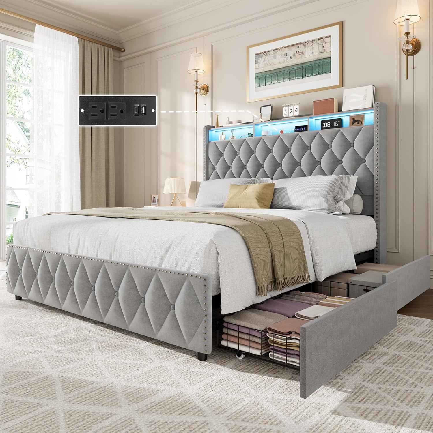 Full/Queen/King Size Platform Leather Upholstered Bed Frame - 50.8in Tall Headboard, 4 Storage Drawers, USB Charging Station & LED Lights, No Box Spring Needed