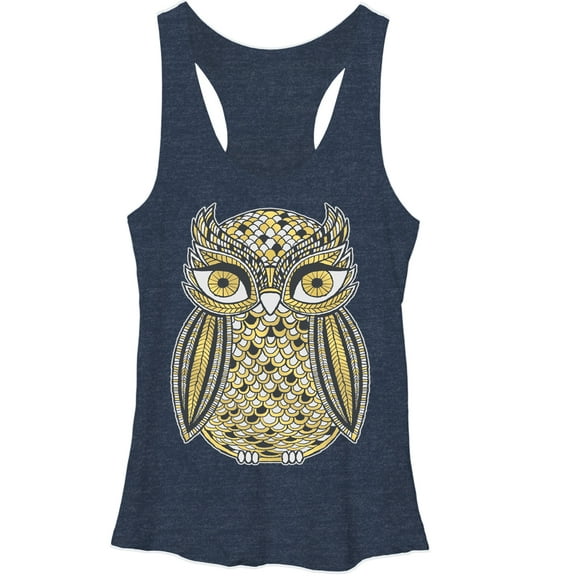 Women's Lost Gods Golden Owl  Racerback Tank Top Navy Blue Heather Large