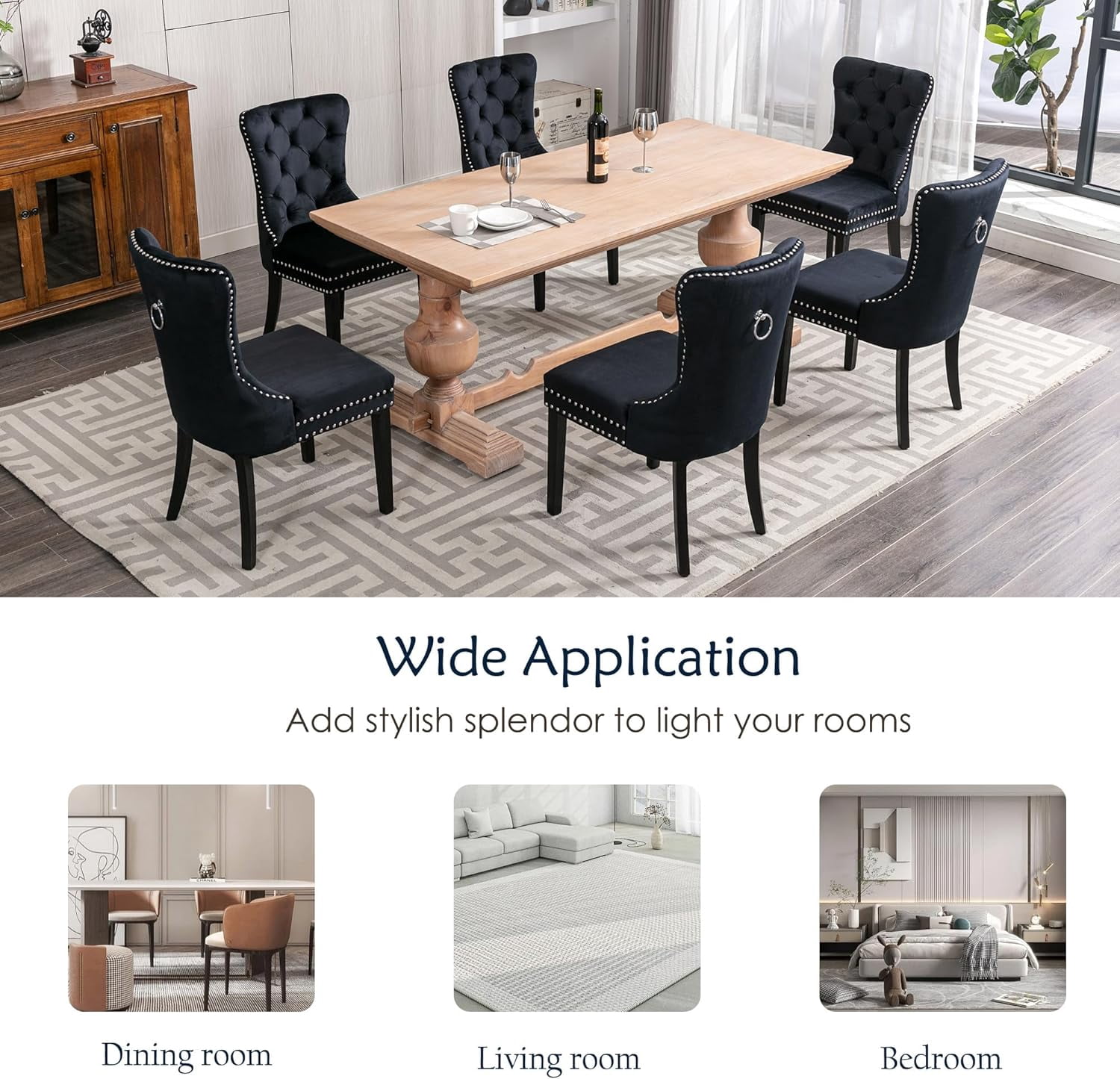 Velvet Dining Chairs Set of 4, Upholstered High-end Tufted Dining Room Chair with Nailhead Back Ring Pull Trim Solid Wood Legs, Nikki Collection Modern Style for Kitchen, Black