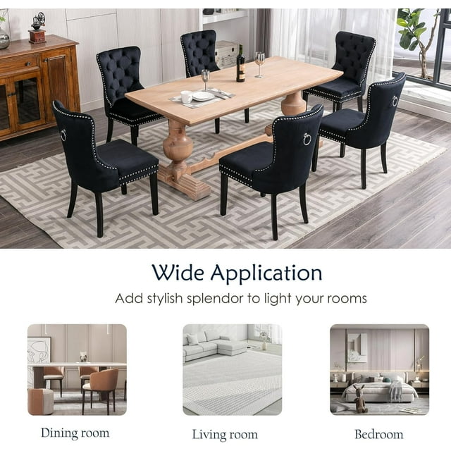 Velvet Dining Chairs Set of 4, Upholstered High-end Tufted Dining Room Chair with Nailhead Back Ring Pull Trim Solid Wood Legs, Nikki Collection Modern Style for Kitchen, Black