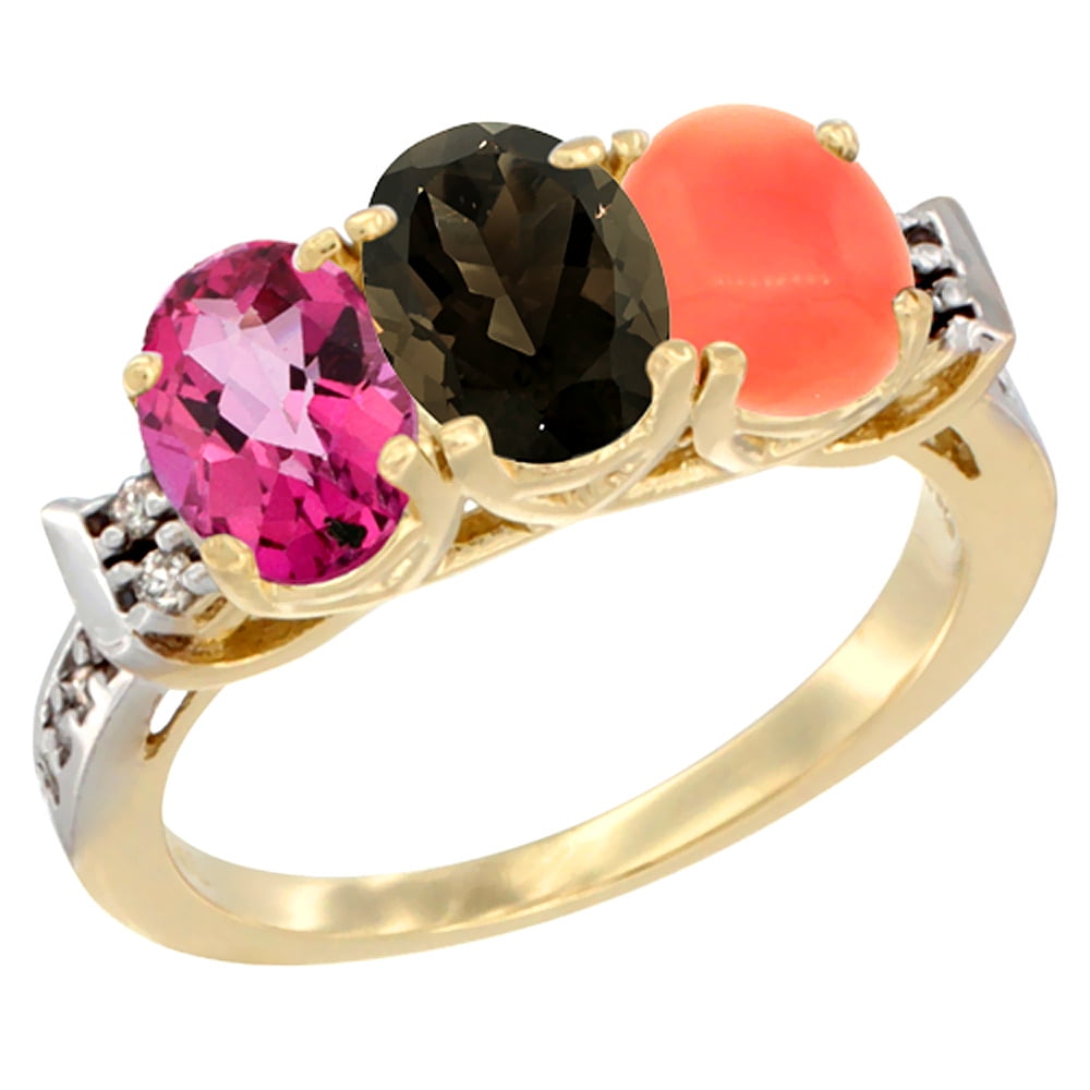 14K Yellow Gold Natural Pink Topaz, Smoky Topaz & Coral Ring 3-Stone 7x5 mm Oval Diamond Accent, sizes 5 10 by WorldJewels