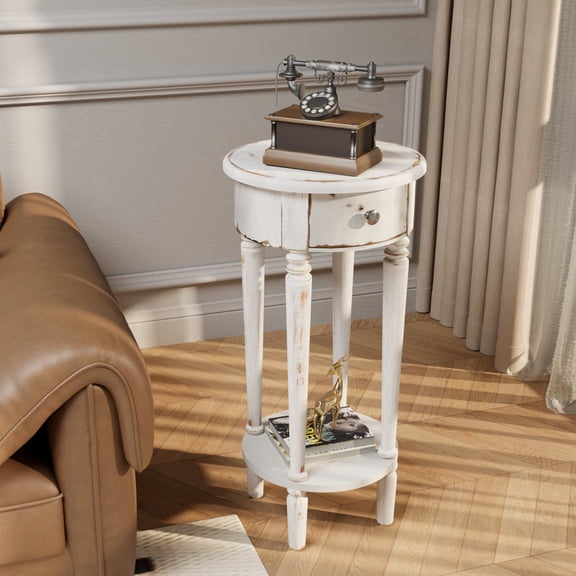 VENTOPYR Modern Industrial White Tall Telephone End Table for Living Room, Bedroom, Hall Way, Space Saving, White