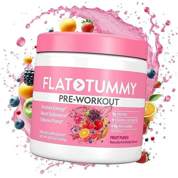 FLAT TUMMY Pre Workout Fruit Punch (30 Count) – 3g Creatine, 1.6g Beta-Alanine, Sugar Free