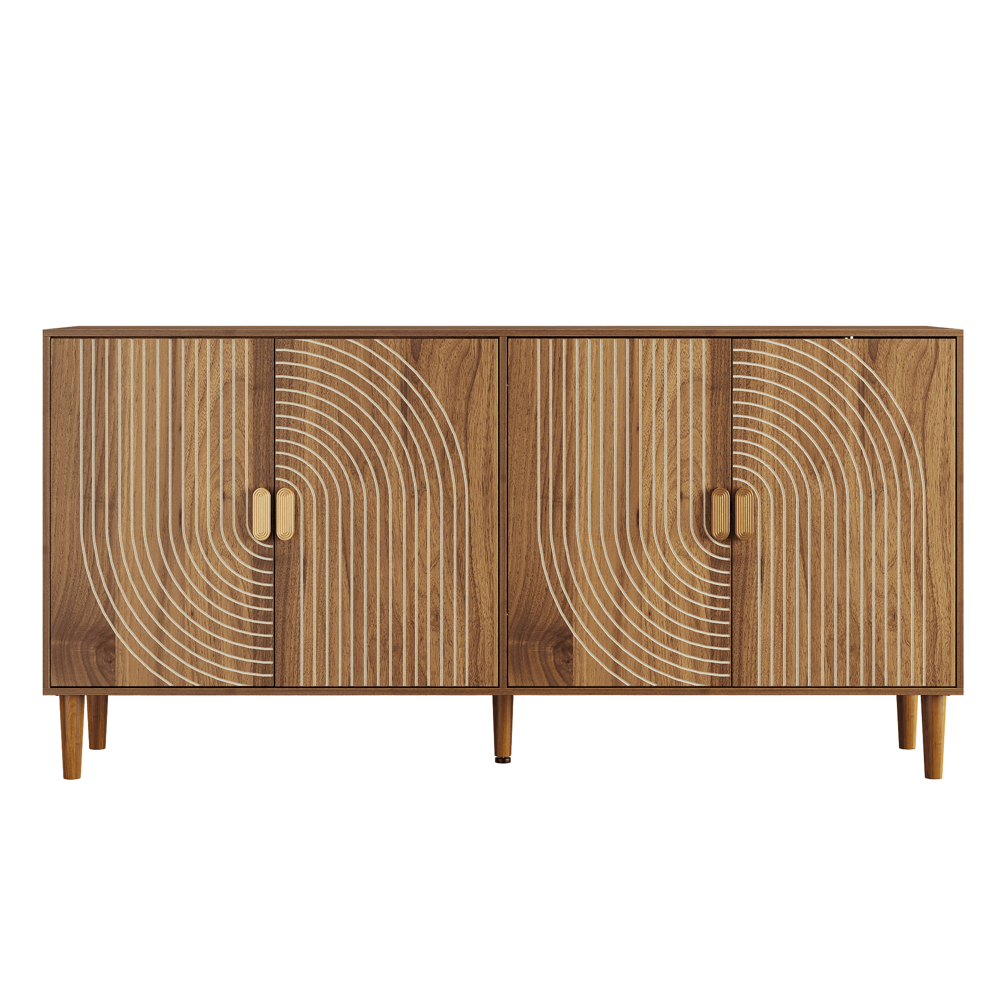 62.6-Inch Walnut Sideboard with Storage, 4-Door Credenza Featuring Vertical Grooved Detailing, Multifunctional Accent Cabinet Suitable for Dining Room, Living Room, Entryway, and Kitchen