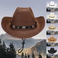 thumbnail image 3 of FUZHIQ Vintage Western Cowboy Straw Hat for Men Women Curved Brim with Windproof Lanyard, Summer Outdoor Sun Cap for Beach Vacation, 3 of 4