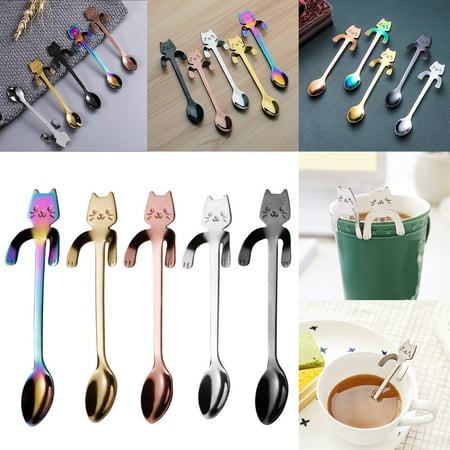 

Tanwpn 1 Piece Cute Cat Spoon Long Handle Spoons Flatware Drinking Tools Kitchen Gadget