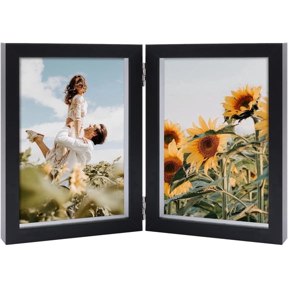 ORIVAN 4x6 Picture Frames Double Hinged Wood Folding Photo Frames Vertical with Real Glass, Black