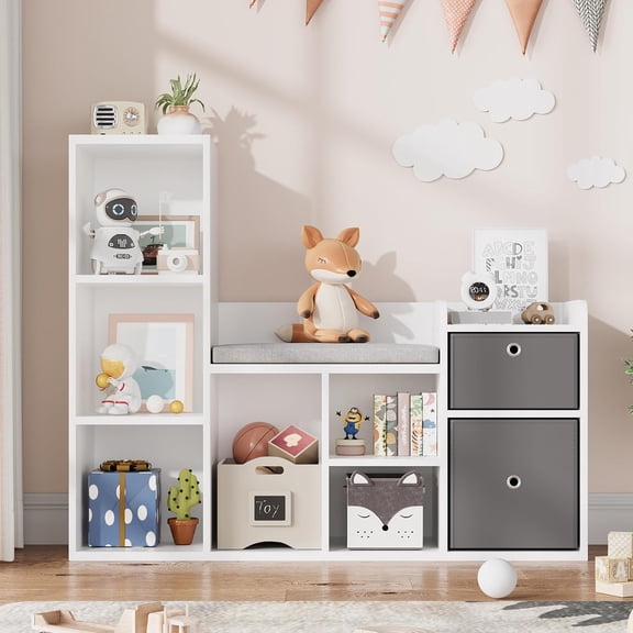 Kids Bookshelf and Toy Storage with Bench - Organizer Featuring a Built-In Reading Nook Seat, White