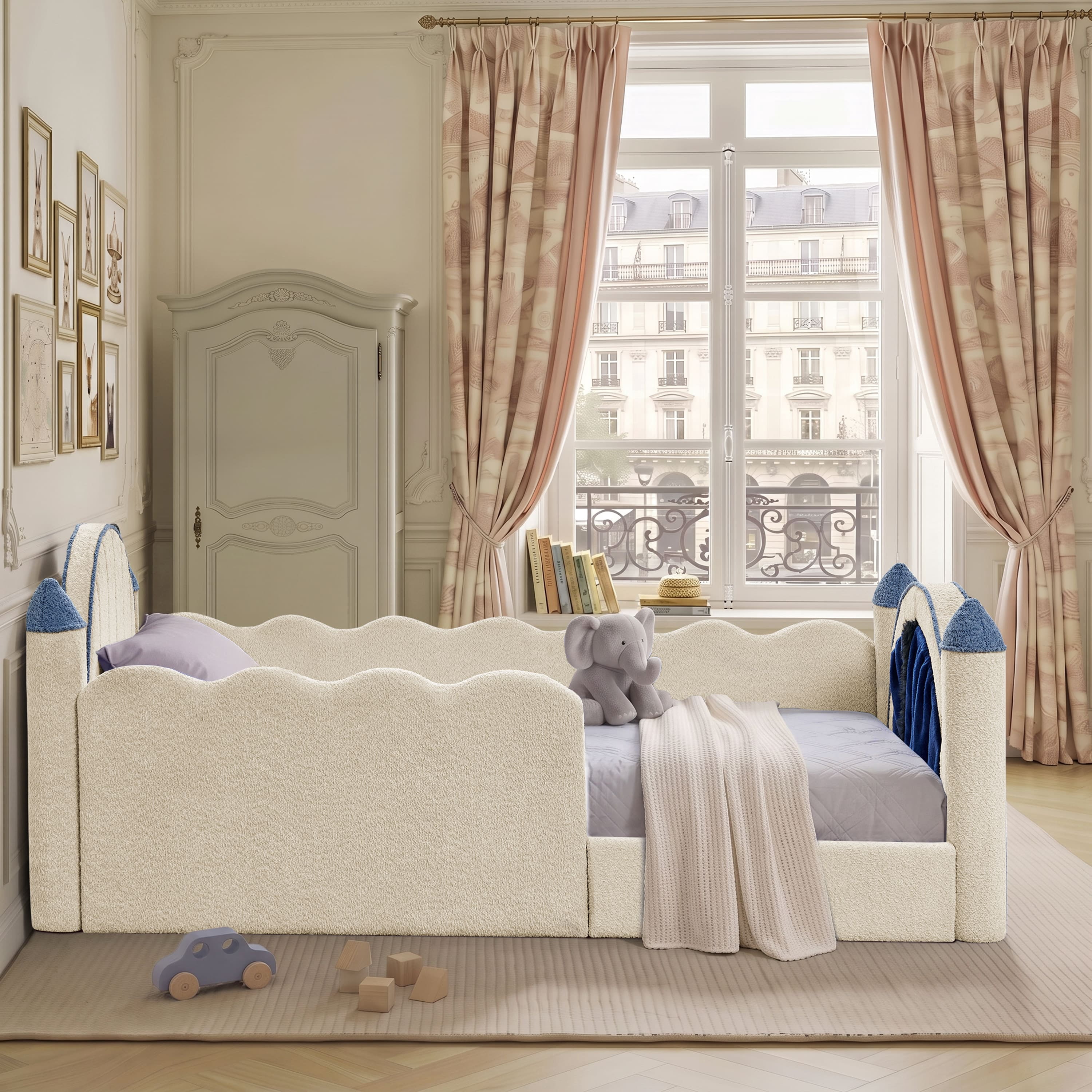 Wakefit Twin Size Castle Bed with Safety Guardrails & Curtain,Boucle Upholstered Kids Bed Solid Wood Frame,Cute Daybed for Bedroom,Camel