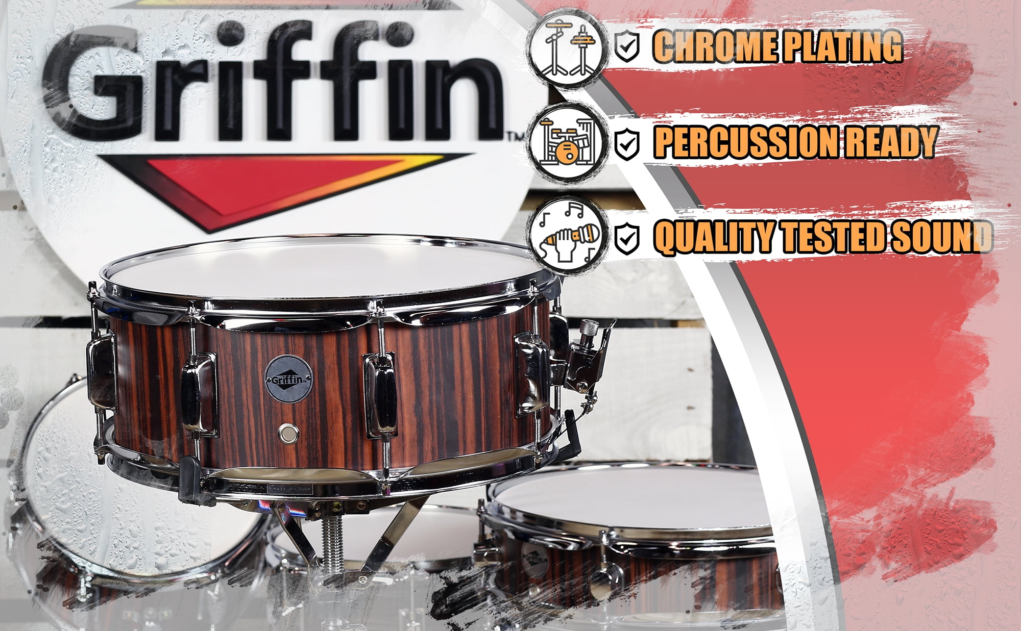 Griffin Snare Drum - 14”X5.5" Poplar Wood Shell Acoustic Percussion Head Kit Set