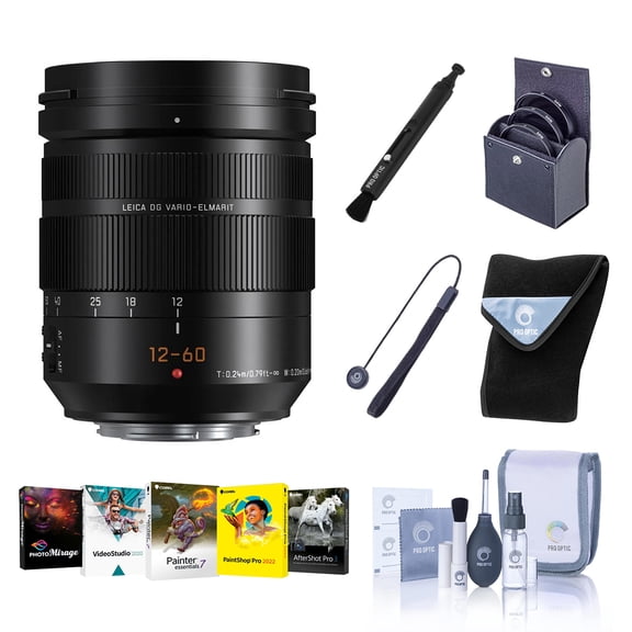 LUMIX G Leica DG Vario-Elmarit 12-60mm f/2.8-4 Aspherical Lens for MFT, Black, Bundle w/62mm Filter Kit, Lens Wrap, Cleaning Kit, Lens Cap Tether, Lens Cleaner, Software Package