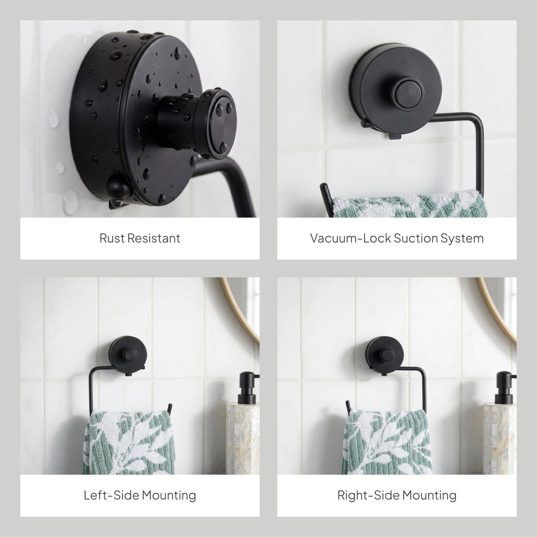 Better Homes & Gardens StyleGrip Suction Mount Towel Ring with Built-In Hook, Matte Black