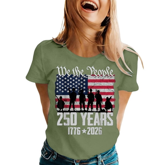Women'S American Flag Printed T-Shirt USA 250th Anniversary Round Neck Casual Loose Graphic Tees