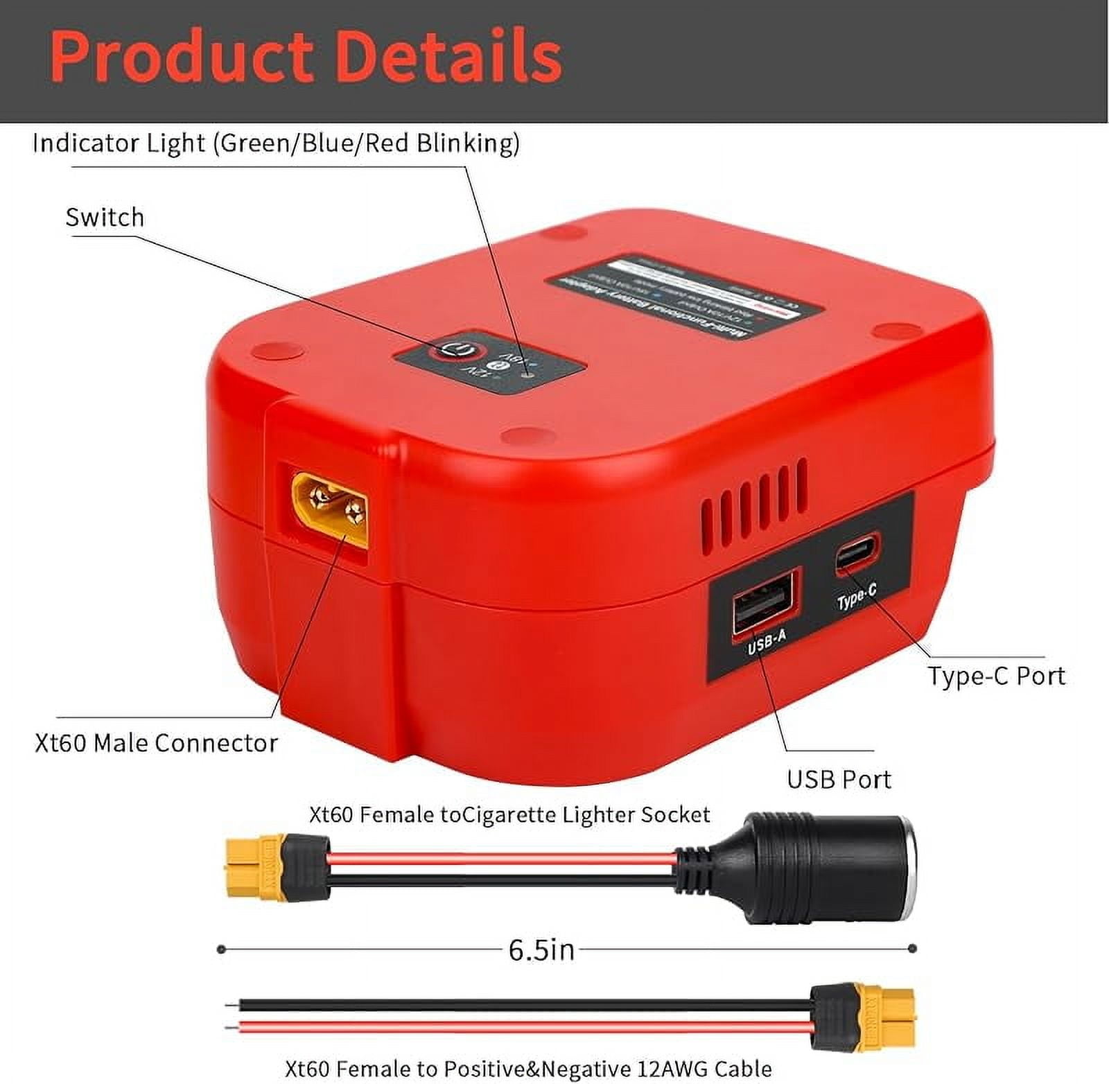 Power Wheels Battery Adapter Compatible with Milwaukee 18V Battery, 18V to 12V Step Down Power Converter with USB & Type C, XT60 Ports for RC Cars, DIY Projects, Car Appliance (1 Pack)