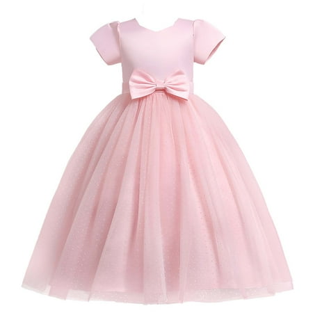 

safuny Girls s Party Gown Birthday Dress Clearance Solid Bowknot Short Sleeve Round Neck Mesh Tiered Swing Hem Vintage Holiday Princess Dress Comfy Fit Lovely Pink 3-12Y