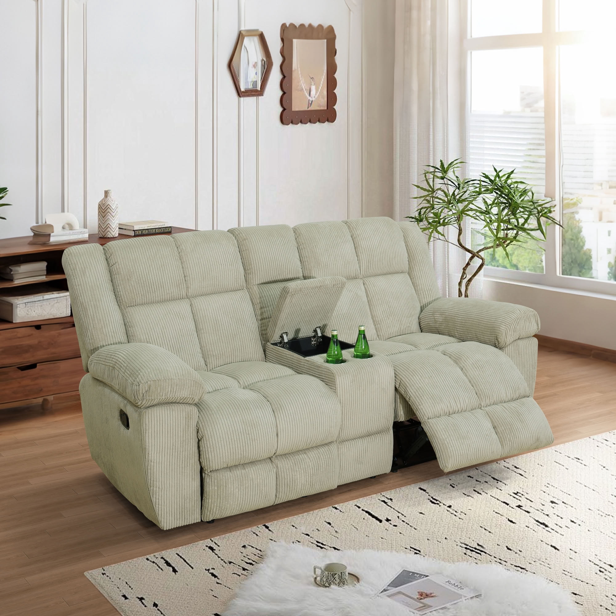 MAYEERTY 2-Seater Recliner Loveseat, Off-White Stripe Fabric Manual Reclining Loveseat with Cup Holders & Storage Groove for Living Room