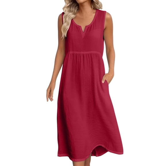 Kukoosong Women's Sleeveless V-Neck Midi Dress with Pockets, Casual Loose Fit Tank Dress for Summer, Beach Vacation Flowy Lightweight Sundress