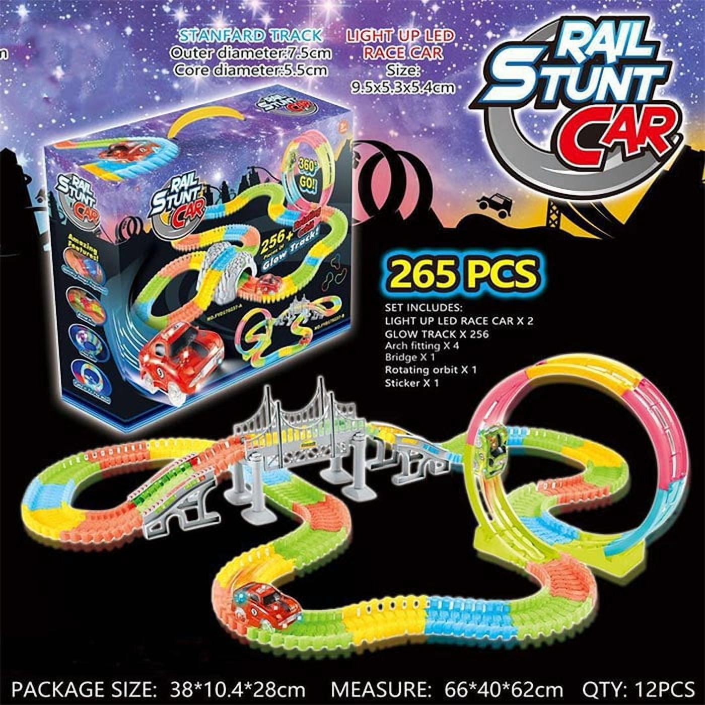 Tradeopia Rail Stunt Car Set: 256-Piece Glow Track with 360