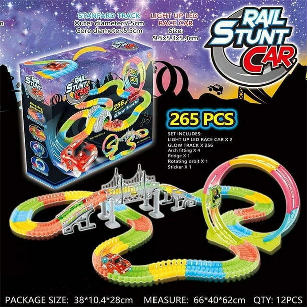 Tradeopia Rail Stunt Car Set: 256-Piece Glow Track with 360